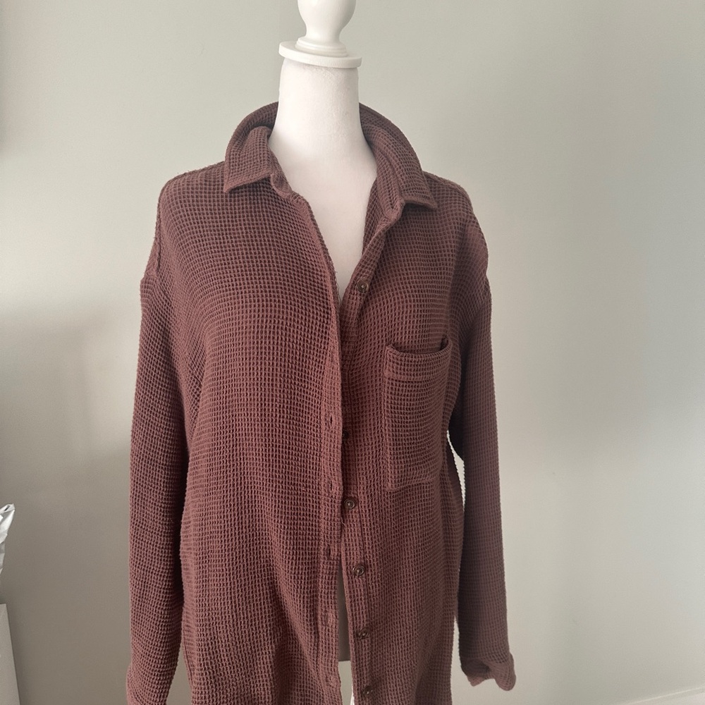 BILLABONG Brown Waffle Knit Button-Up Shirt-Size S